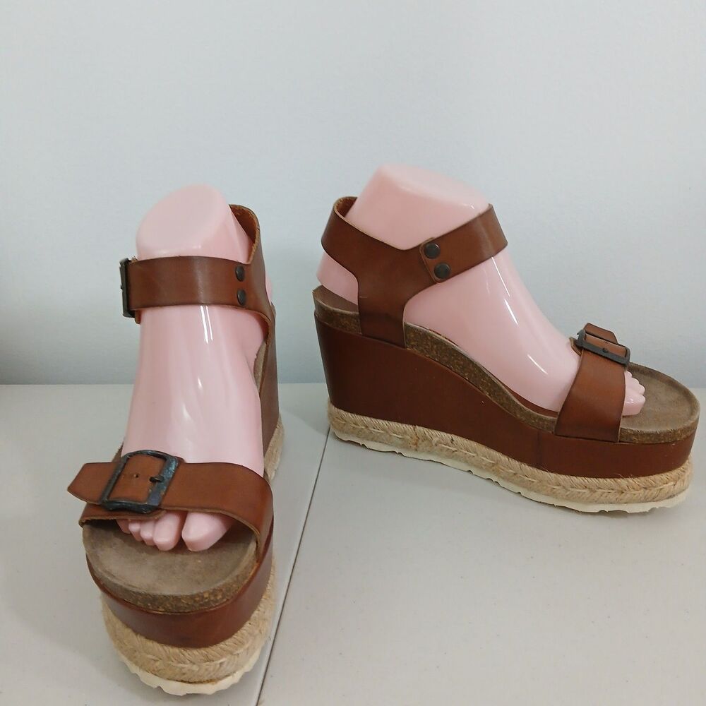 Genuins Made in Spain Leather 4" Espadrille Wedge Platform Shoes, Size 38 (US 8)